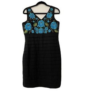 Amilca Women's Mexican Linen Black Turquoise Floral Embroidered Dress Handmade